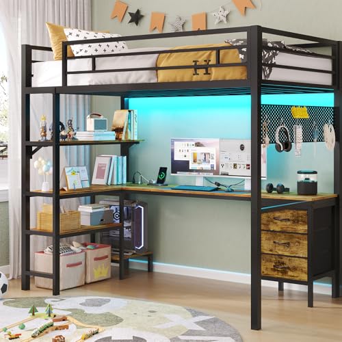 ADORNEVE Twin Size Metal Loft Bed with L-Shaped Desk, LED Lights, Charging Station S614727