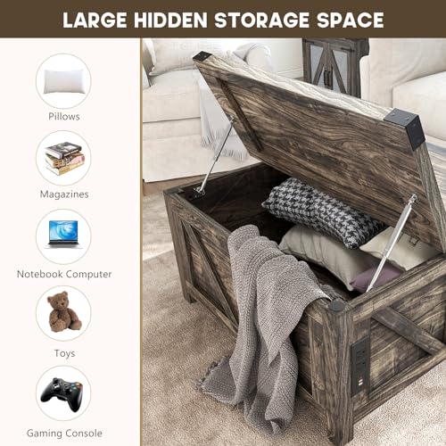 Farmhouse Lift Top Coffee Table with Storage and Charging Station, Brown J61149