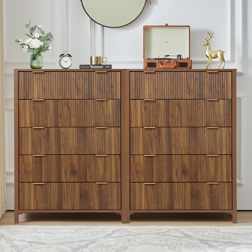 Fluted 5 Drawers Dresser for Bedroom, Wooden Tall Storage, Walnut L1075
