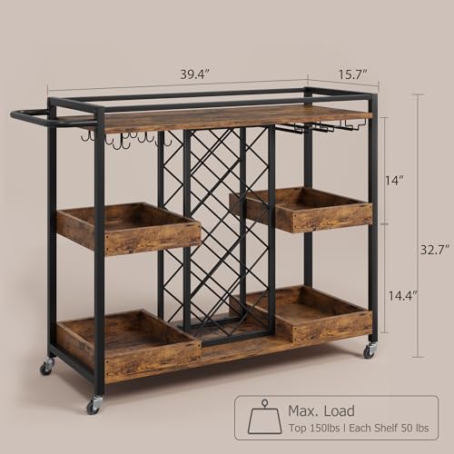 3 Tier Rolling Bar Cart with Wine Rack and Glass Holder, Brown M334896