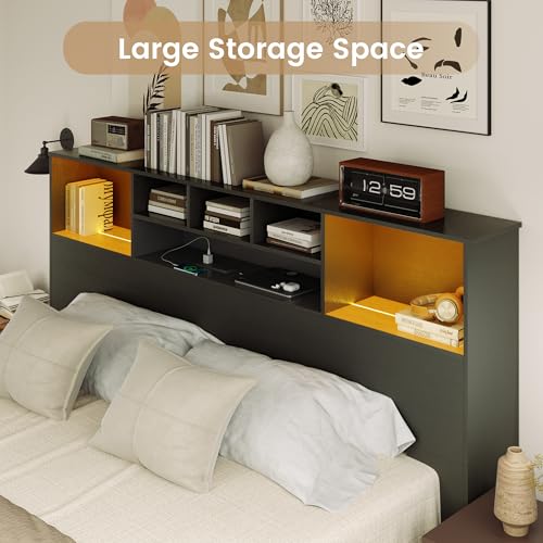 King Size Bed Headboard with LED Light and Storage Bookcase H72493