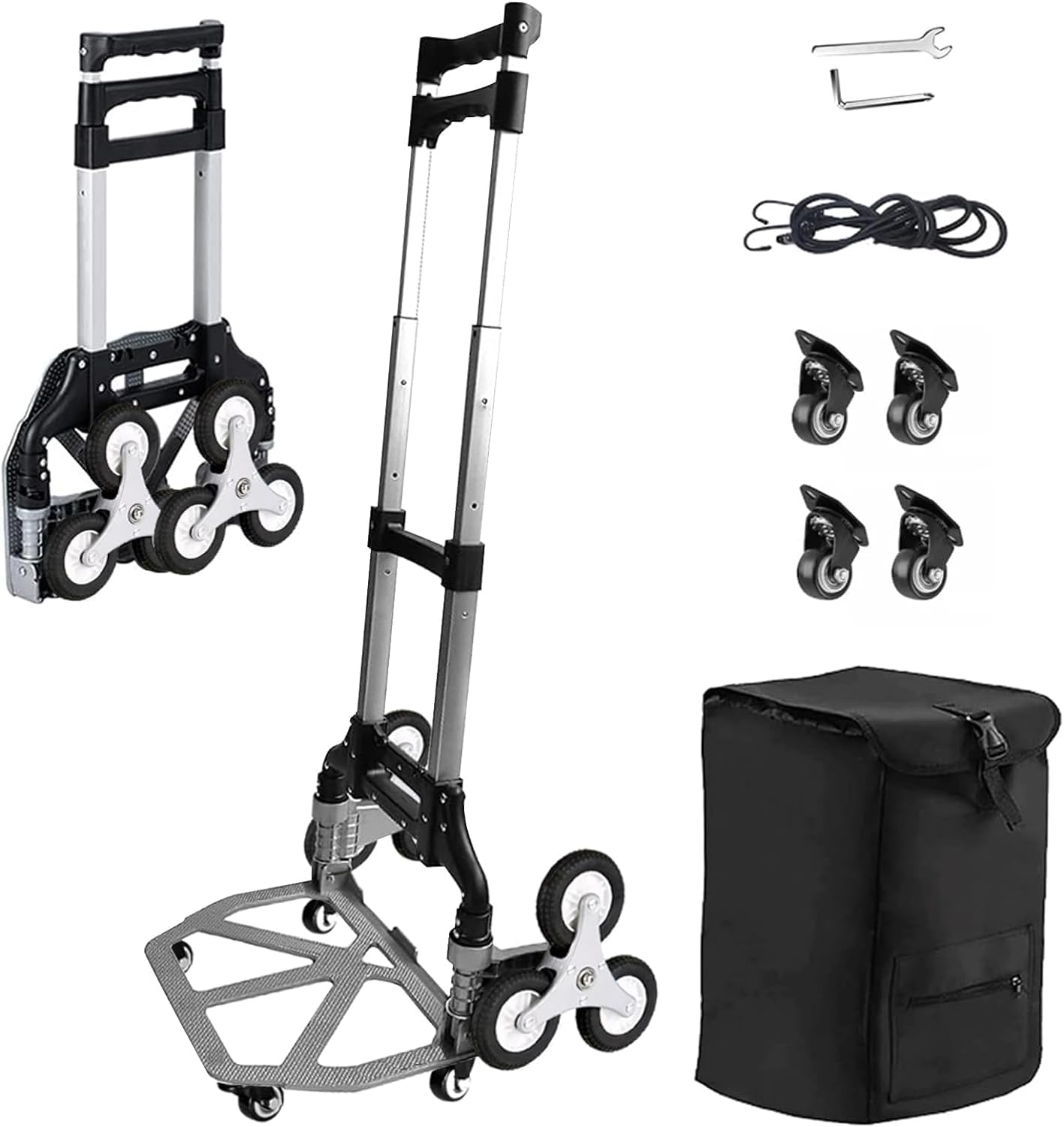 Capacity Folding Hand Truck 4 Universal Wheels & 2 Elastic Ropes,Aluminum Stair Climbing Cart with Telescoping Handle and Rubber Wheels for Moving,Shopping,Travel,Office Use