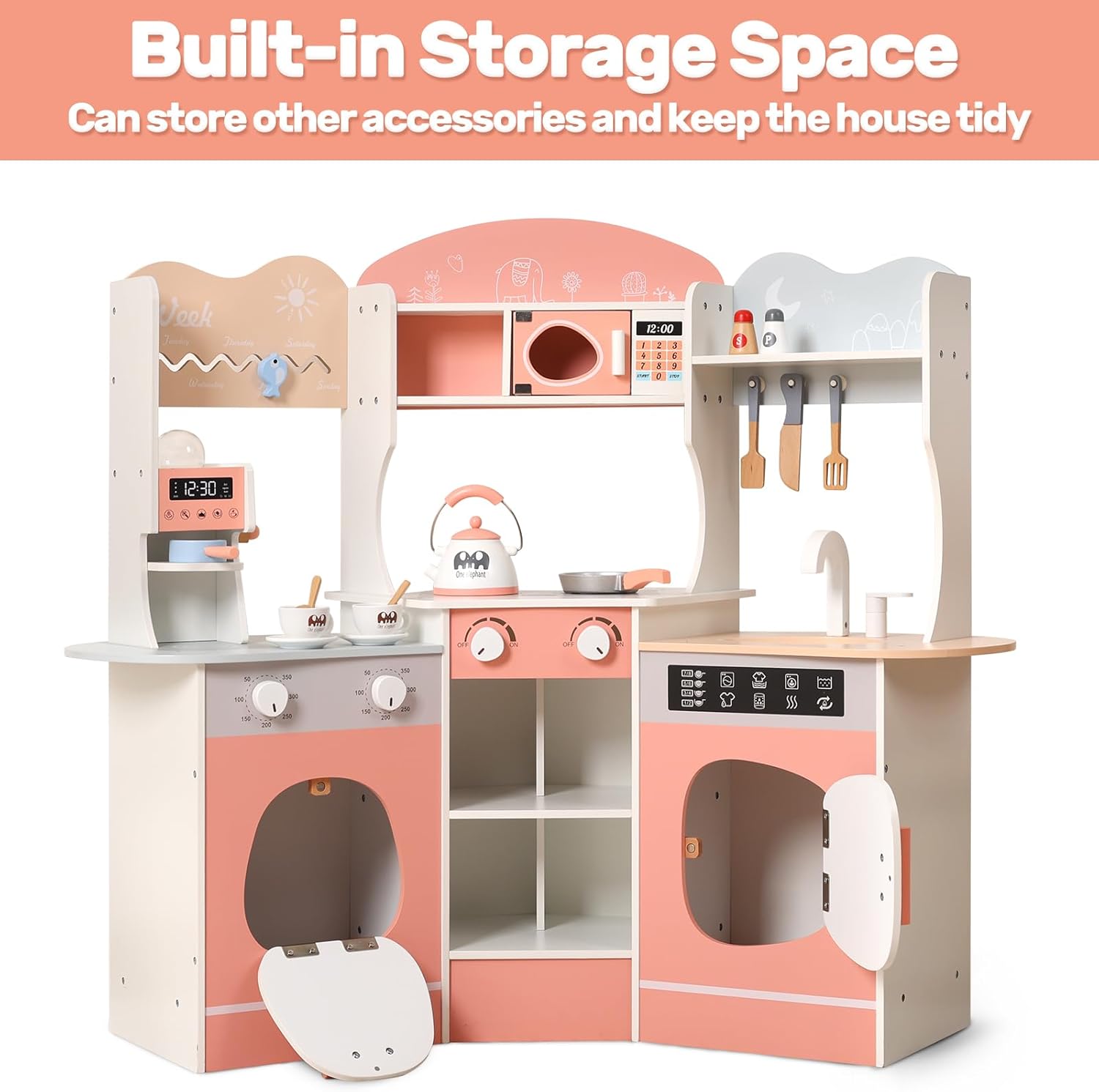 CUTE STONE Wooden Play Kitchen for Kids with Cookware Accessories Z309668