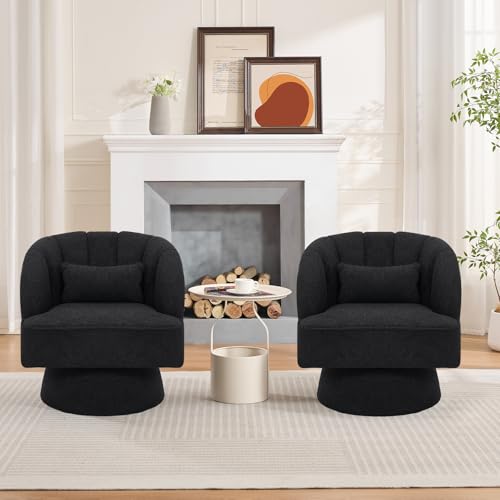 GarveeHome Modern Swivel Barrel Accent Chair, Teddy Fabric Upholstered Armchair, Black W334223
