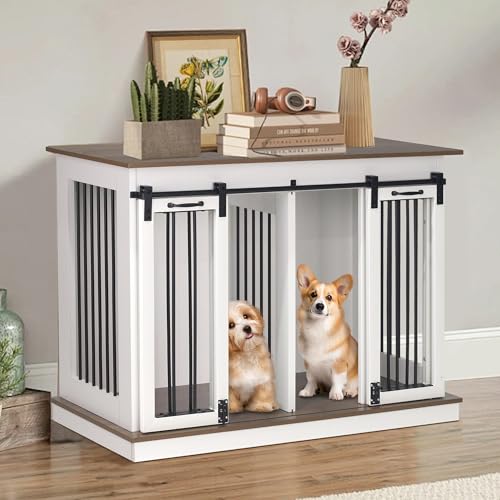 Dog Crate Furniture with Divider, Double Doors, White Y29932
