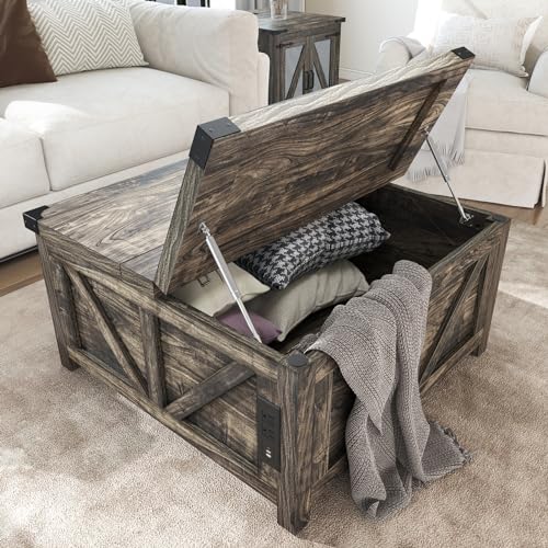 Farmhouse Lift Top Coffee Table with Storage and Charging Station, Brown J61149