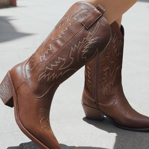 IUV Cowboy Boots for Women Western Cowgirl Pull On Pointy Toe Mid Calf Y4890