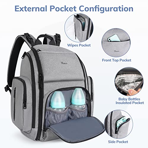 Mancro Diaper Bag Backpack, Waterproof Travel Baby Changing Bag with Stroller Straps, Grey E238