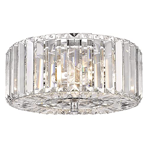 Crystal Ceiling Light, Modern 2-Light Chrome Flush Mount Light Fixture, Round Drum Flush Mount Chandelier for Dining Room Bedroom Kitchen Island Hallway, SF004-2-CH