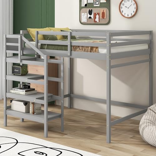 Harper & Bright Designs Full Loft Bed with Staircase and Storage Wardrobe, Wooden Full Size Loft Bed Frame with Storage Shelf, High Full Loft Beds for Kids Boys Girls Teens Dorm Bedroom (Full, Gray)