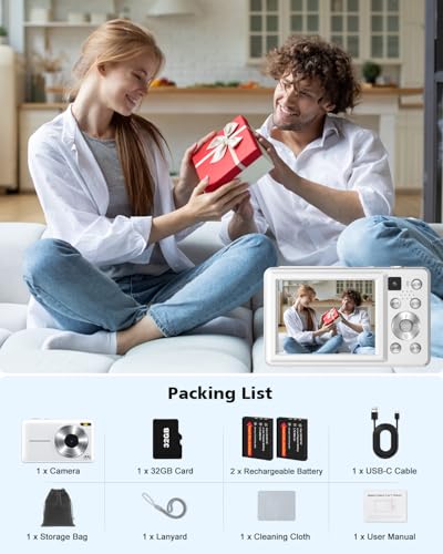 4K 64MP Autofocus Vlogging Camera with Front Rear Lens, 16X Zoom, White T3704