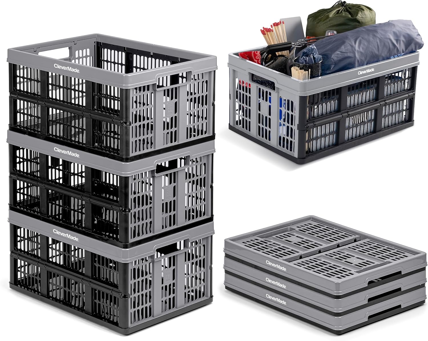 CleverMade Collapsible Utility Crate, Stone, 3PK - 45L Stackable Storage Bins P330