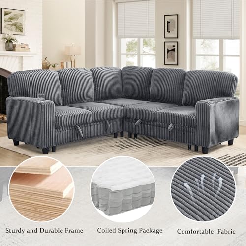 L-Shaped Pull Out Sleep Sofabed with Storage Chaise, Chenille Upholstered X30892