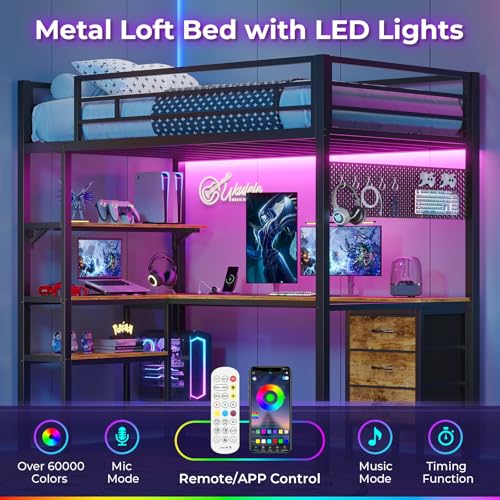 ADORNEVE Twin Size Metal Loft Bed with L-Shaped Desk, LED Lights, Charging Station S614727