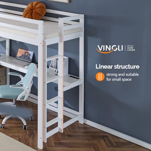 VINGLI Twin Loft Bed with L-Shaped Desk, 3 Storage Drawers, Solid Wood, White W24917