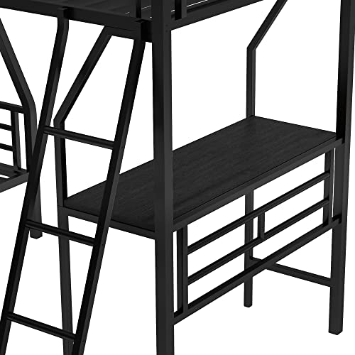 SOFTSEA Heavy Duty Metal Triple Bunk Bed with Desk, Twin Over Full, Black U92410