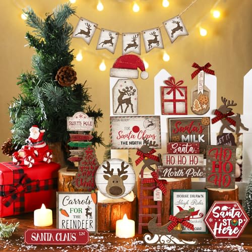 Nuogo 24 Pcs Christmas Tiered Tray Decorations Set with 2 Tier Stand C248