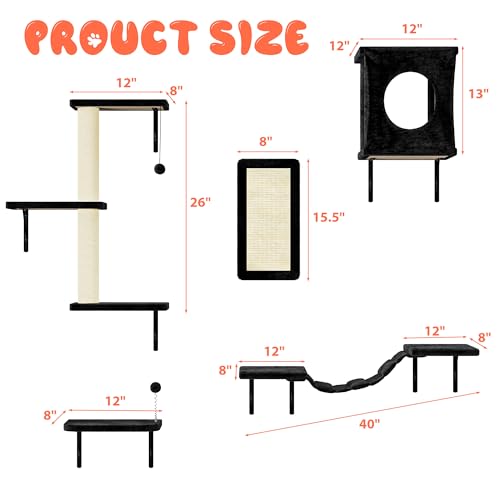 NUNU LAB Wall Mounted Cat Climber Set with House, Tunnel, Scratcher, Black M305