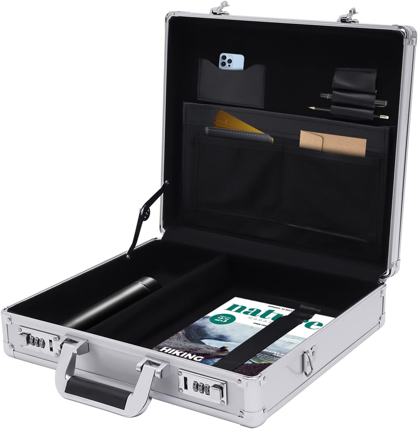 Aluminum Attache Case with Combination Lock, 15 x 13 x 4.3 Inch, Silver W584698