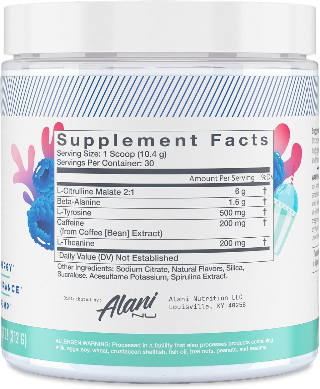 Alani Nu Blue Slush Pre Workout and Sour Peach Rings BCAA Post Workout Powder Bundle, 30 Servings F8779