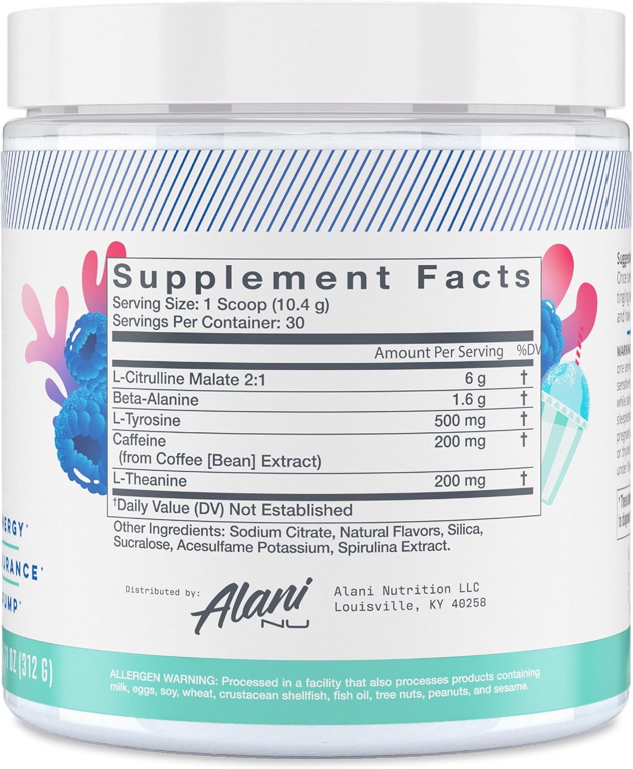 Alani Nu Blue Slush Pre Workout and Sour Peach Rings BCAA Post Workout Powder Bundle, 30 Servings F8779