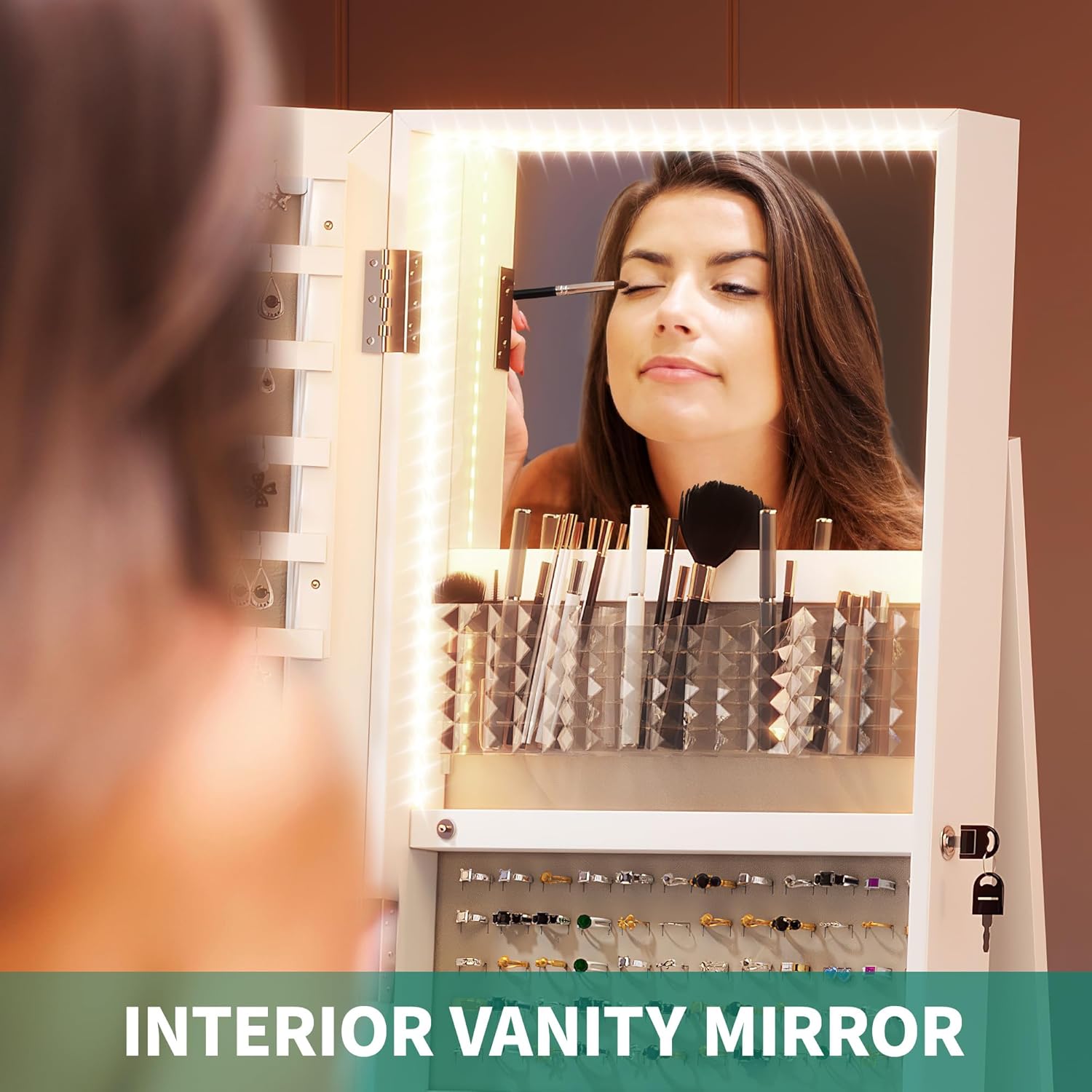 YITAHOME Mirror Jewelry Cabinet with Lights, Lockable Standing Armoire on Wheels, White A411