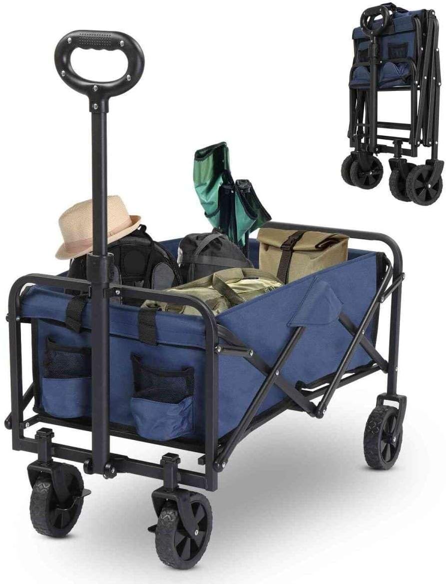 Collapsible Foldable Wagon, 220lbs Weight and 120L Large Capacity, Heavy Duty Folding Wagon Carts with All Terrain Wheels, Utility Beach Wagon for Outdoor Garden Camping Shopping Sports, Blue
