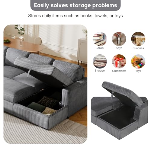 L-Shaped Pull Out Sleep Sofabed with Storage Chaise, Chenille Upholstered X30892