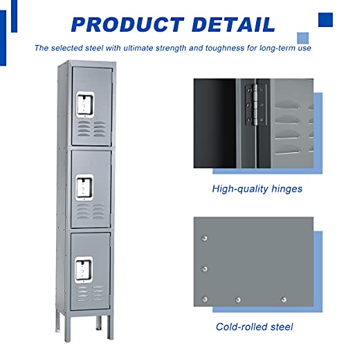 Bonusall Metal Locker 3-Tier Steel Storage Cabinet, 3 Doors Grey H746