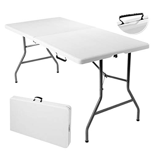 GYMAX 6FT Folding Tables, Portable Lightweight Camping Table with Carry Handle, Easy Fold Up Indoor/Outdoor Collapsible Table for Camp, Picnic, Patio (Basic White No Umbrella Hole)