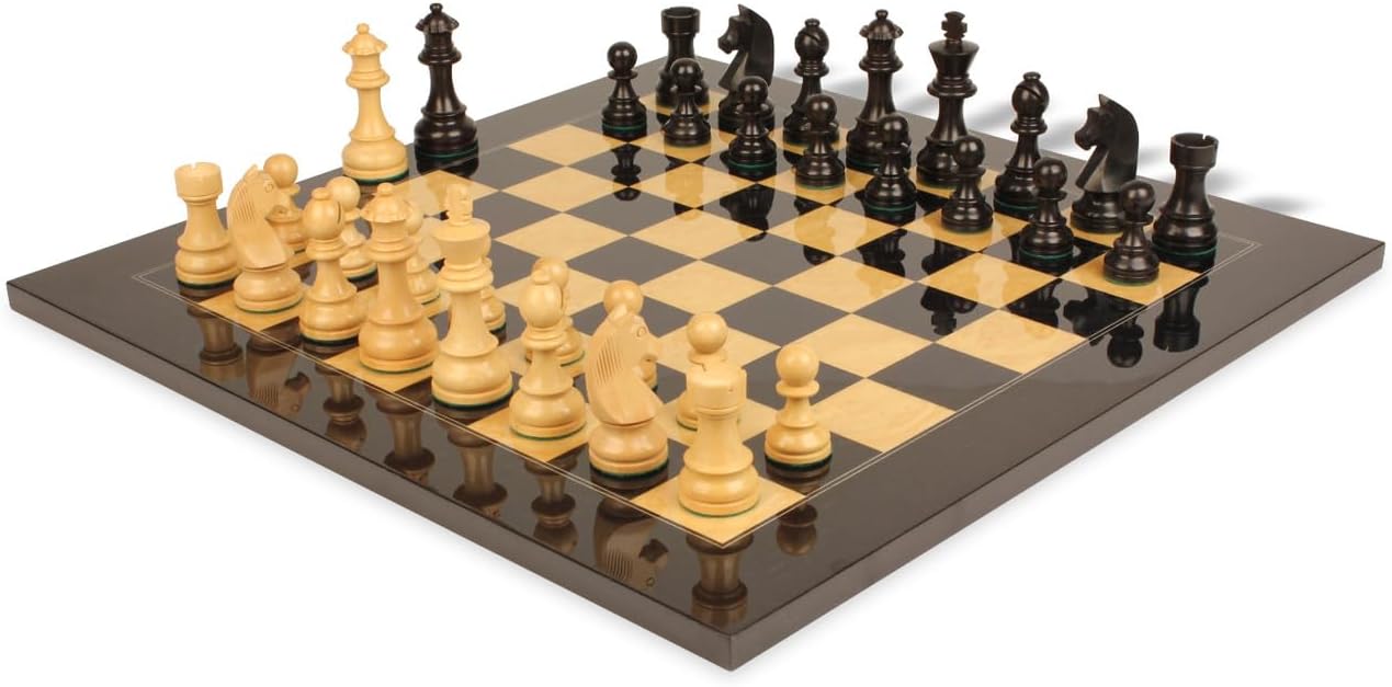 German Knight Staunton Chess Set Ebonized & Boxwood Pieces with Ash Burl Board - 3.75" King H98214