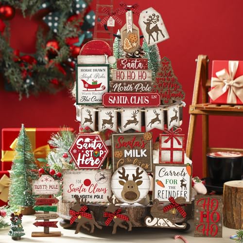 Nuogo 24 Pcs Christmas Tiered Tray Decorations Set with 2 Tier Stand C248