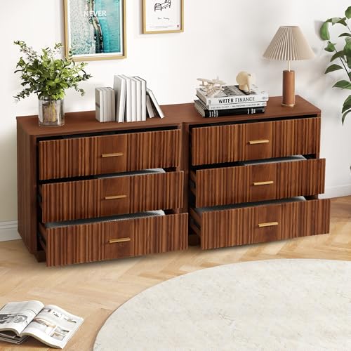 Fluted 5 Drawers Dresser for Bedroom, Wooden Tall Storage, Walnut L1075