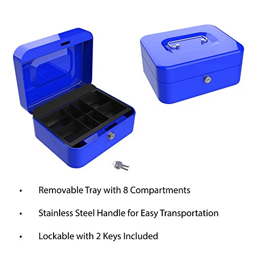 Stalwart Hawk 8-Inch Key Lock Blue Cash Box with Coin Tray Y4530