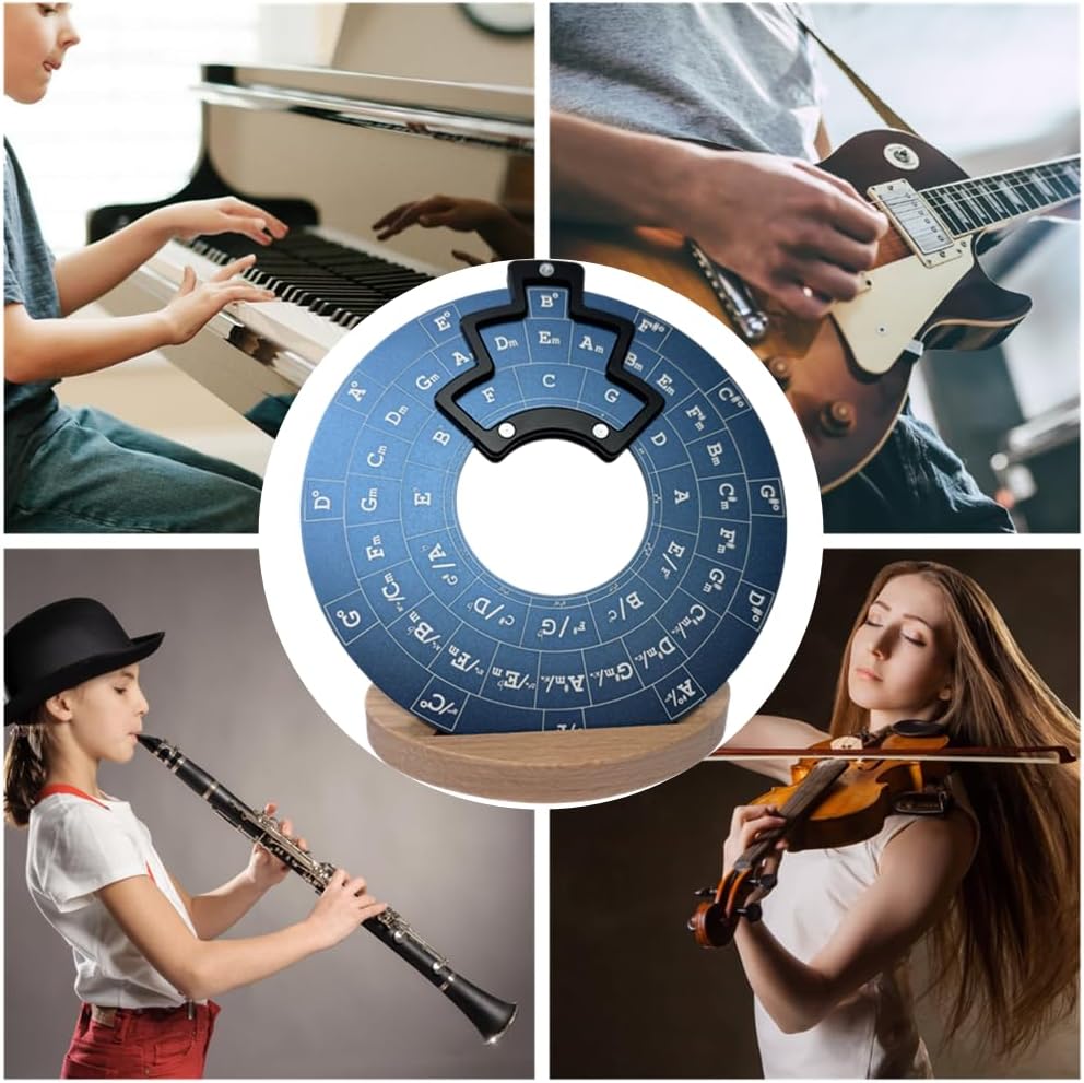 Circle of Fifths Wheel Metal Melody Tool with Guitar Chord Chart and Wooden Stand H2494