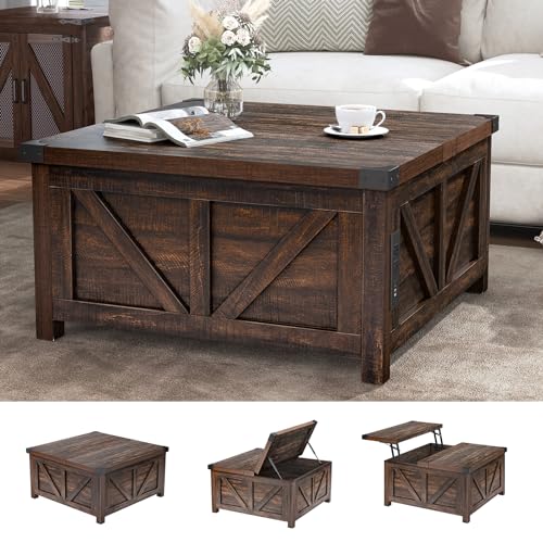 Farmhouse Lift Top Coffee Table with Storage and Charging Station, Brown J61149