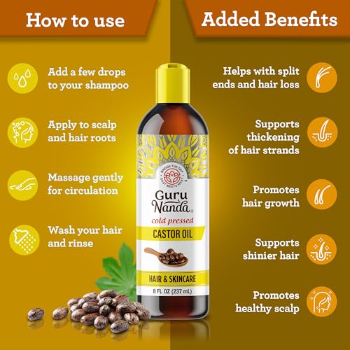 GuruNanda Castor Oil 8 Fl oz, 100% Pure, Cold Pressed & Hexane-Free V2000
