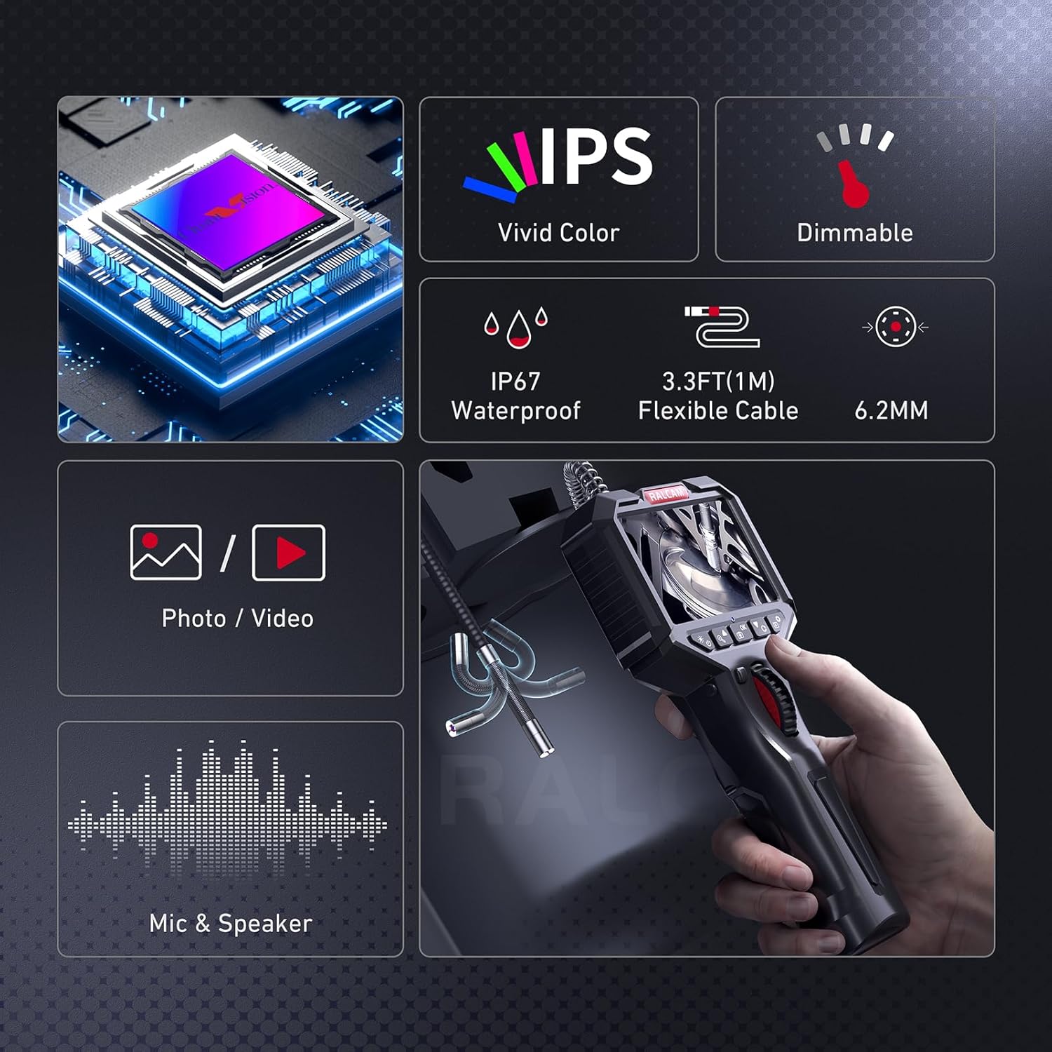 Ralcam Articulating Borescope 2-Way 180° Inspection Camera with 3.5'' IPS Screen Z12880