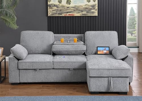 L-Shaped Pull Out Sleep Sofabed with Storage Chaise, Chenille Upholstered X30892