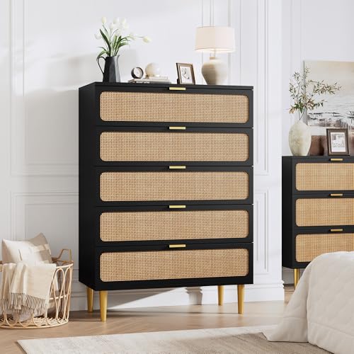 Rattan 5 Drawer Tall Dresser for Bedroom, Black V99880