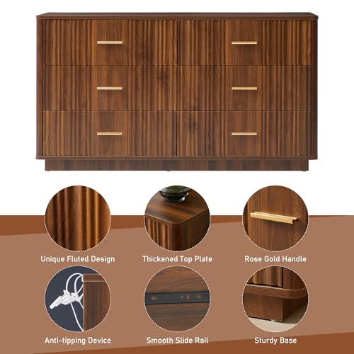 Fluted 5 Drawers Dresser for Bedroom, Wooden Tall Storage, Walnut L1075