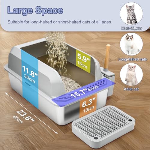 Stainless Steel Cat Litter Box with High Sides, 20L, Includes Shovel C315028