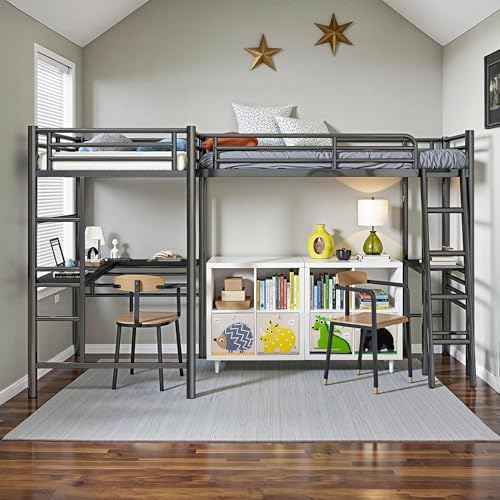 Twin L-Shaped Loft Bed with 2 Built-in Desks, Metal Frame, Black L216334