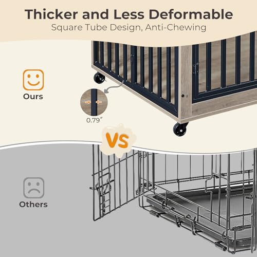Dog Crate Furniture with Pull-Out Bowls, Heavy Duty Wooden Kennel, Grey F410