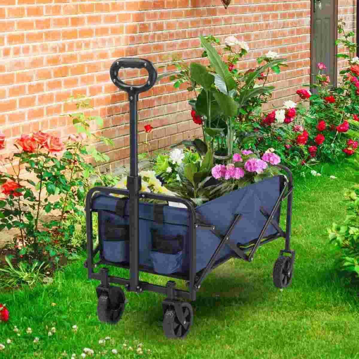 Collapsible Foldable Wagon with All Terrain Wheels, Heavy Duty Utility Cart for Outdoor, Blue J8692