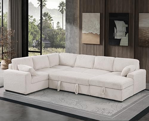 L-Shaped Pull Out Sleep Sofabed with Storage Chaise, Chenille Upholstered X30892