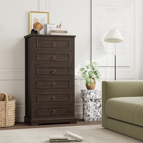 HOSTACK 6 Drawer Dresser for Bedroom, Tall Modern Farmhouse Chest, Dark Brown H747285