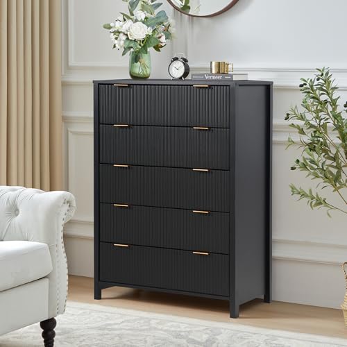 Fluted 5 Drawers Dresser for Bedroom, Wooden Tall Storage, Walnut L1075
