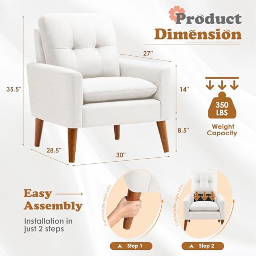 JUMMICO Mid Century Accent Chair with Wood Legs, Pearl White, Set of 2 W90764
