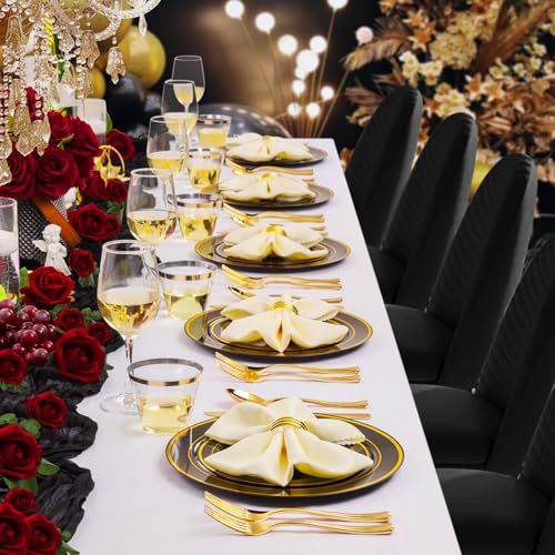 bUCLA 300PCS Gold Disposable Dinnerware Set - White and Gold Plastic Plates for Party S185